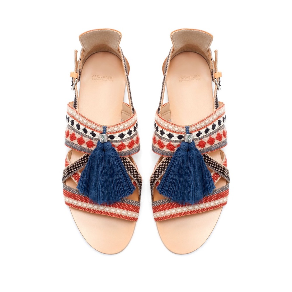 Zara tan/brown leather strappy blue tassel flat sandals, women’s EUR 37 / US 6.5